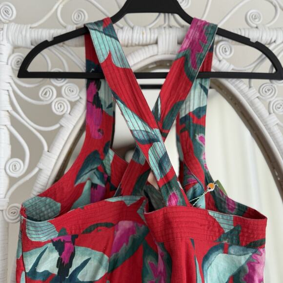 Farm Rio Dress XL Red Floral 100% Linen Tropical Summer Foliage Mini Resort - Picture 8 of 13